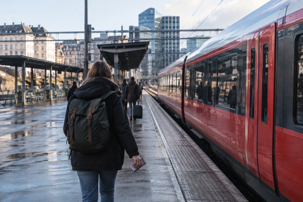 A traveler holding a city pass beside a red train at an Oslo platform