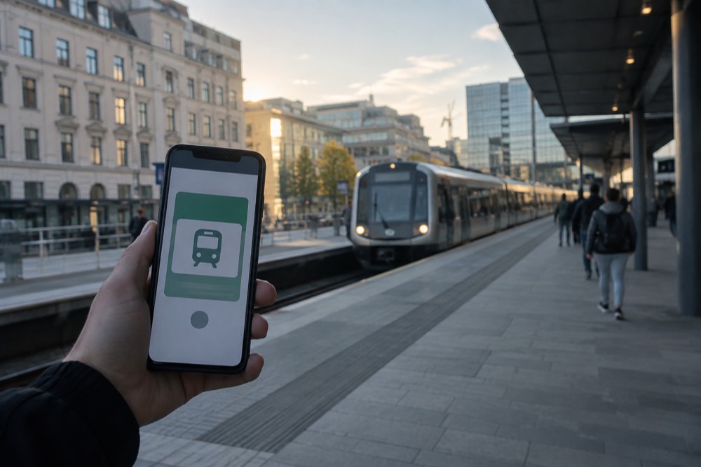 A smartphone showing a public transport ticket app held up beside a train station platform sign