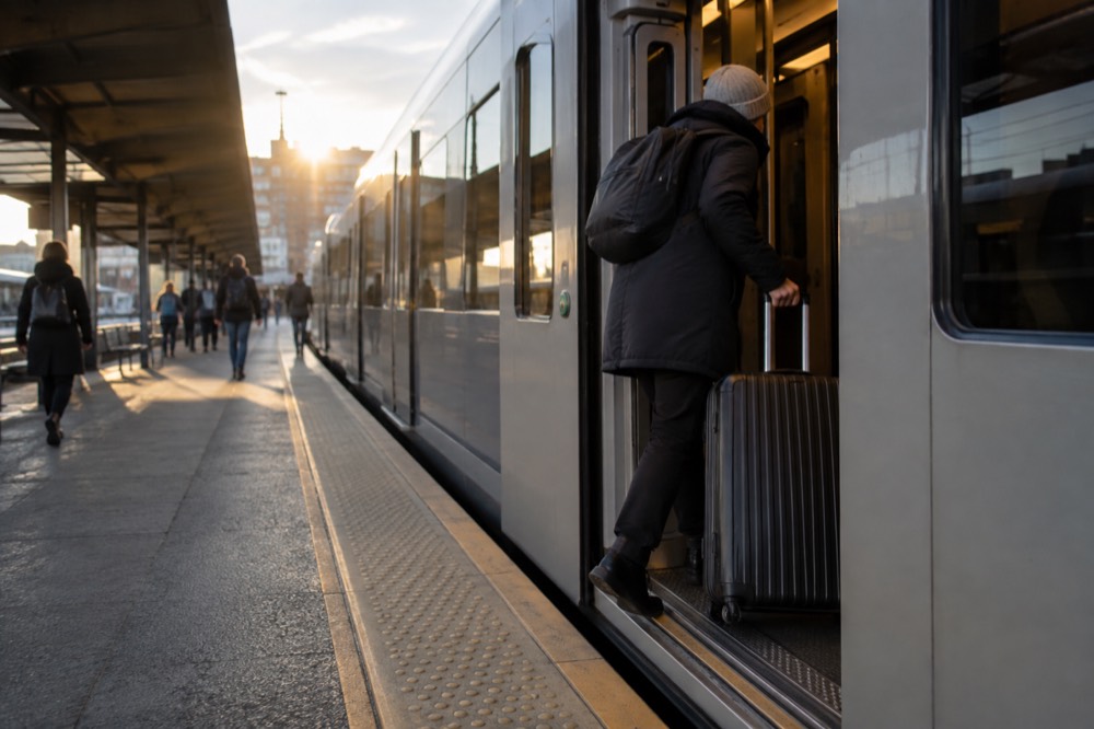 A wide train door with a passenger wheeling a large suitcase onto a train at a station platform