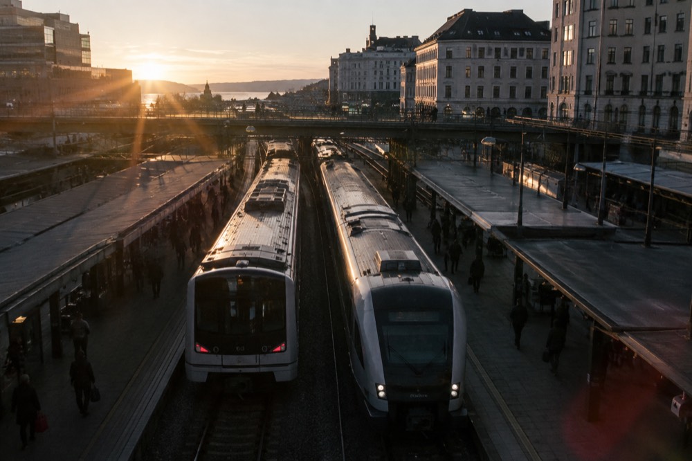 Two trains side by side on parallel tracks at dusk seen from a station footbridge
