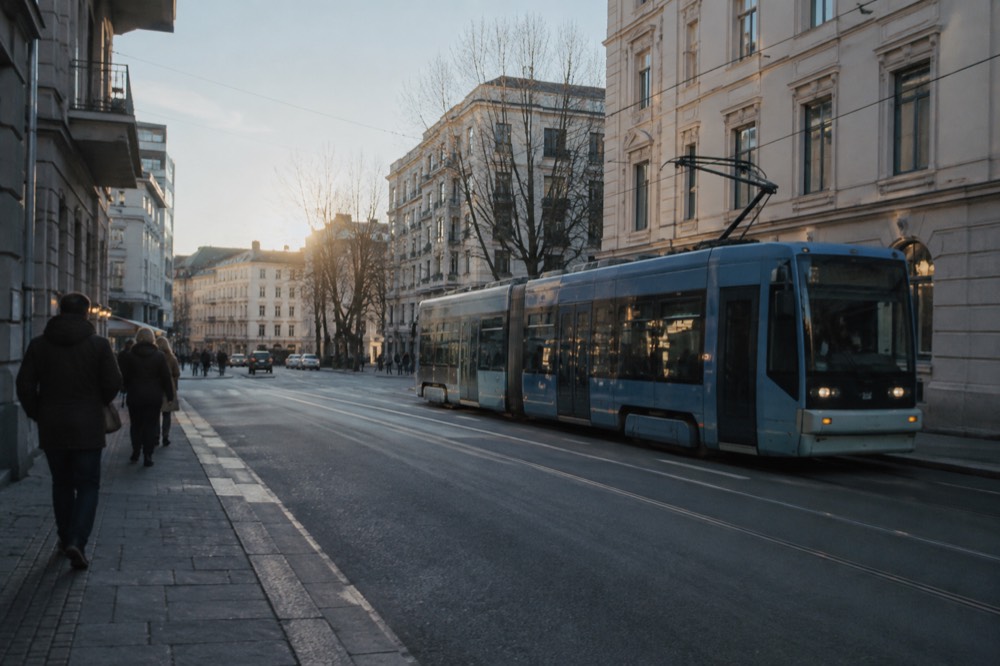 A tram crossing a central Oslo street in front of stone buildings