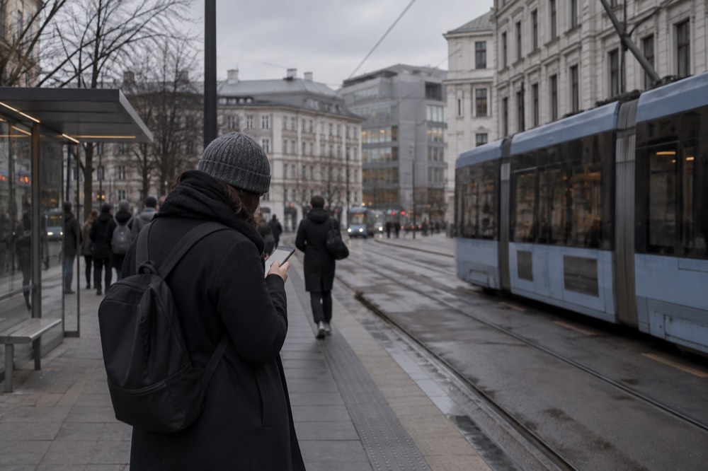 A commuter checking a phone at a tram stop in Oslo