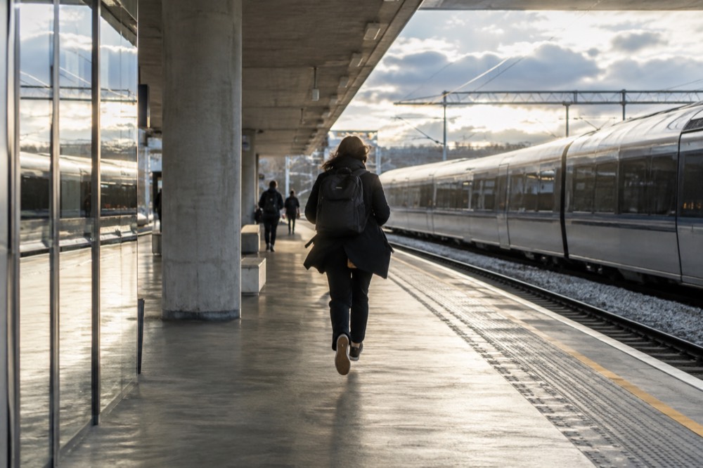 A modern train platform at Oslo Airport Gardermoen