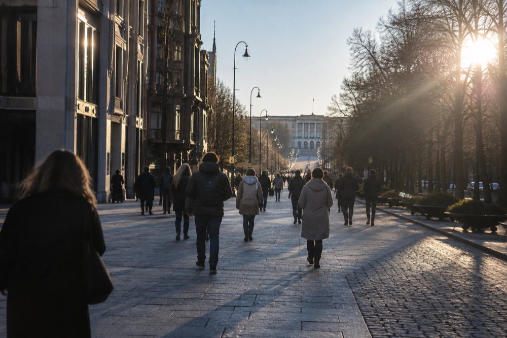 Pedestrians walking along Karl Johans gate toward the Royal Palace