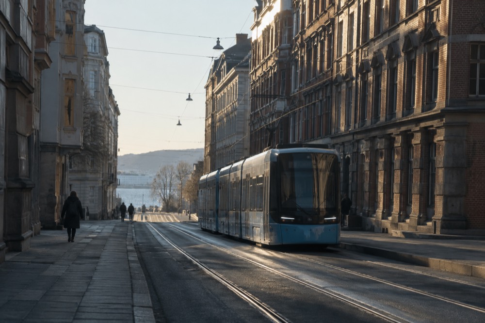 Empty tram traveling along a street with brick buildings on both sides