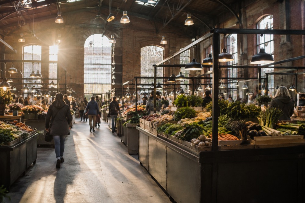 Food hall interior with market stalls and people browsing under warm lights