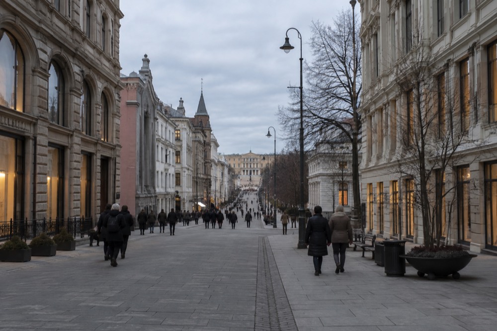Karl Johans gate in central Oslo with historic buildings and pedestrians