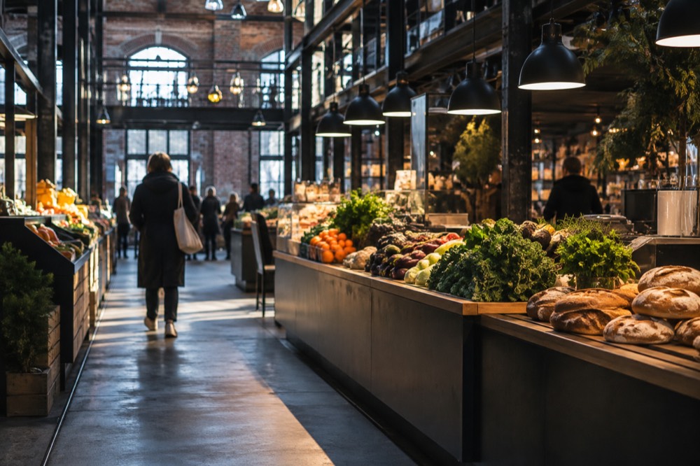 Interior of a food hall with counters of fresh food and warm lighting