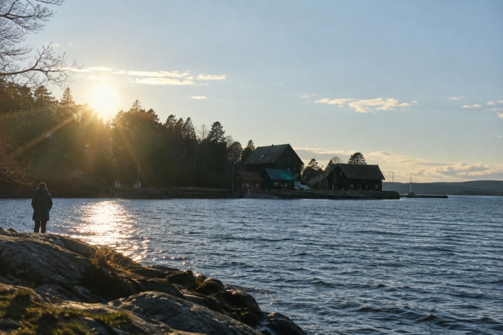 Wooden museum buildings on the Bygdøy peninsula seen across water