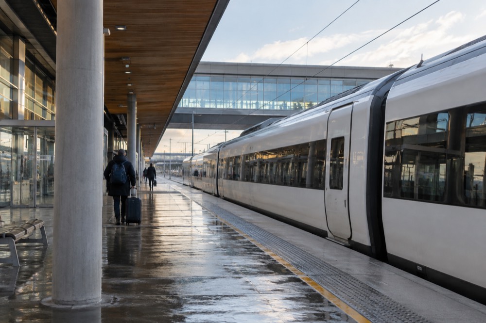 Modern train platform at Oslo Airport with a sleek white train waiting