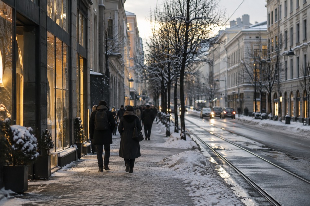 Snow-dusted city street in Oslo with warm light from shop windows