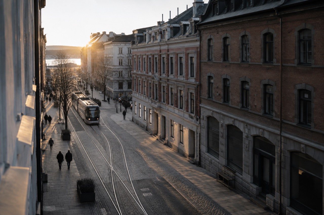 Quiet Oslo street with tram tracks and brick buildings in soft evening light