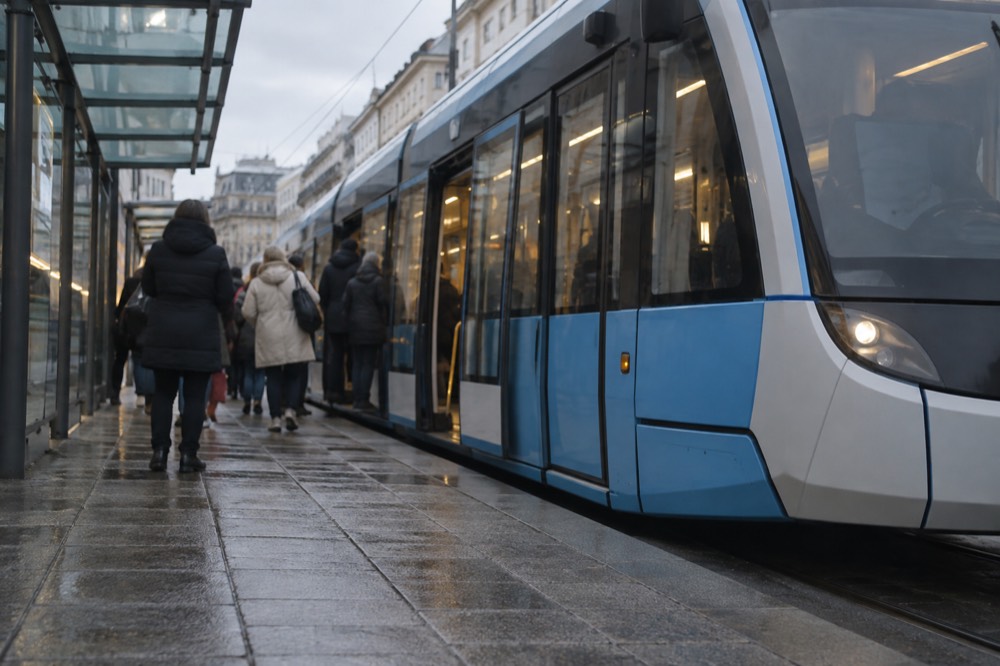 A tram moving along a Oslo street with passengers boarding at a stop