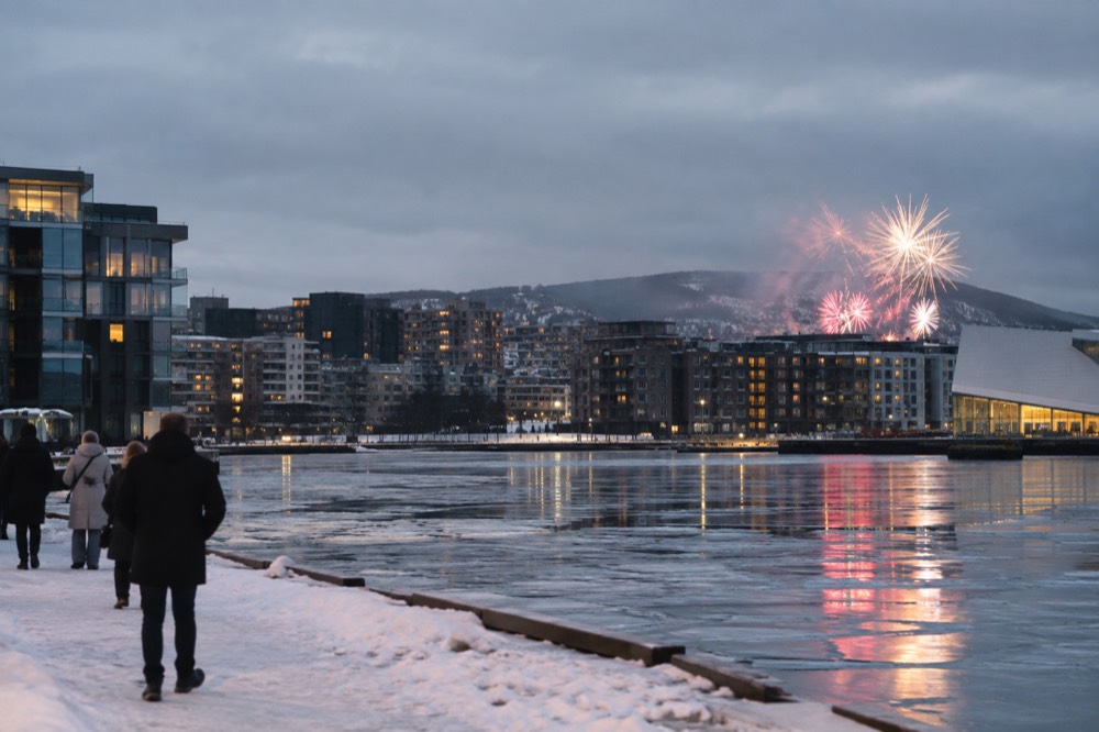 Fireworks bursting over dark apartment buildings reflected in a frozen harbor