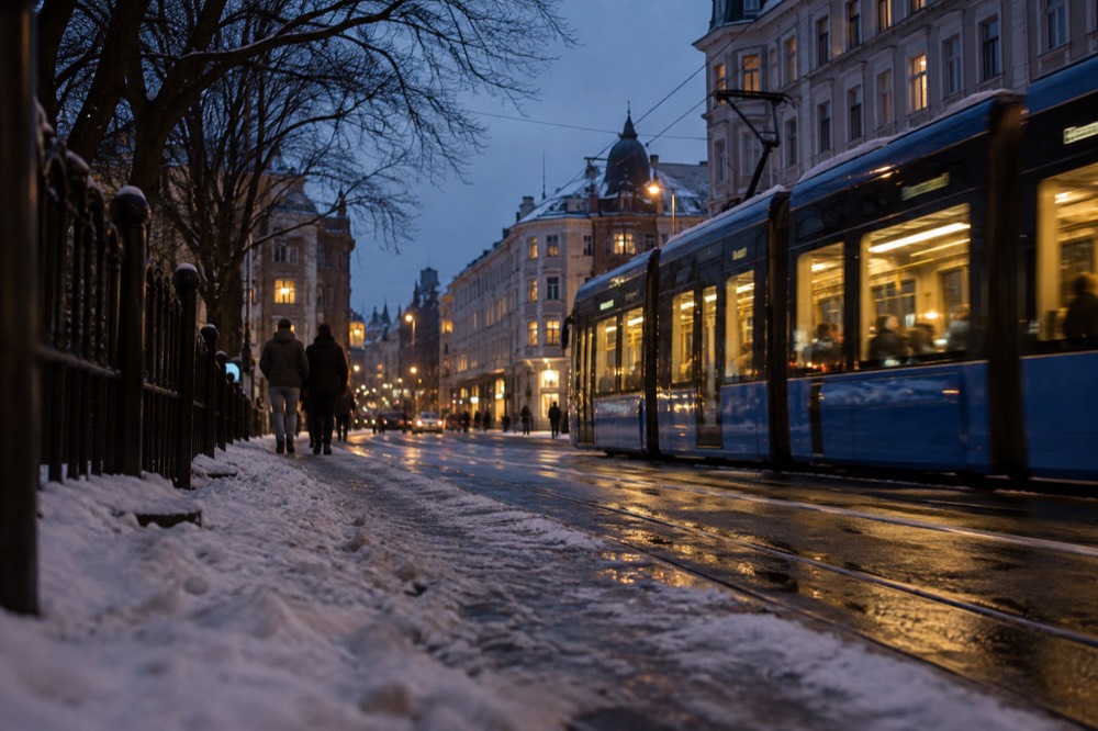 Tram moving along a snow-lined street at night with lit windows