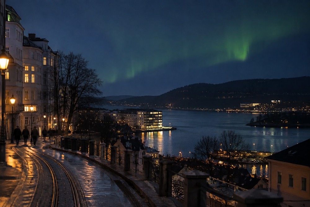Night sky over Oslofjord with faint green aurora glow above dark pine hills