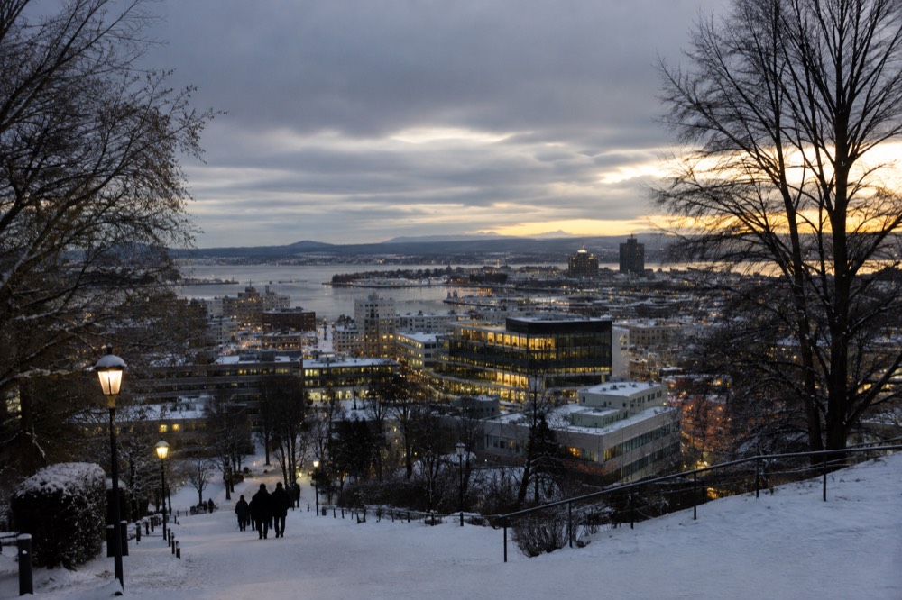 City lights of Oslo glowing under a dark winter sky seen from a hillside
