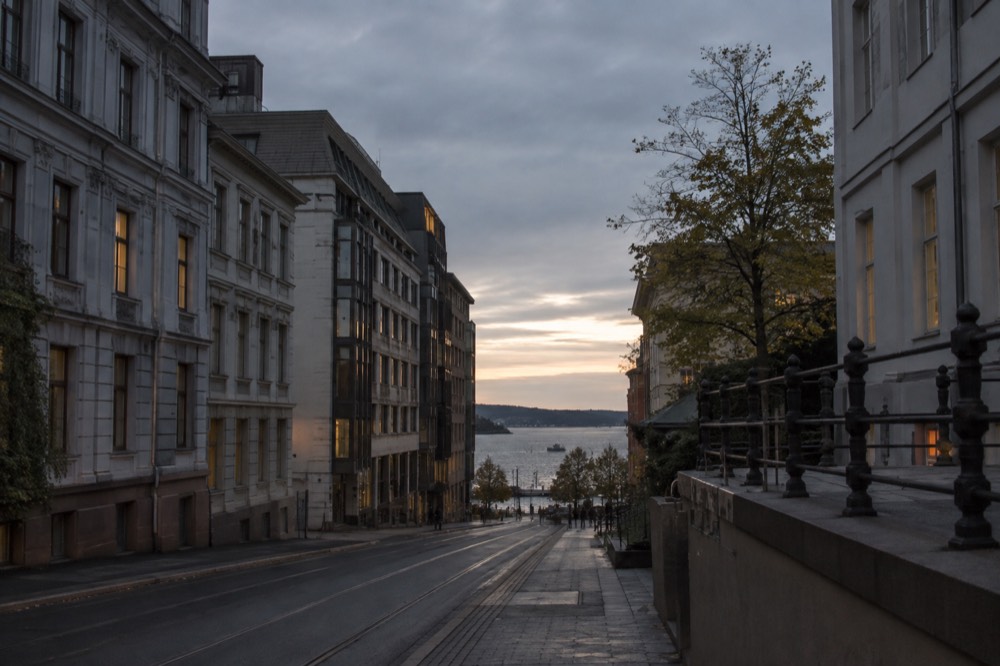 Early autumn evening over Oslo with lingering twilight over the fjord