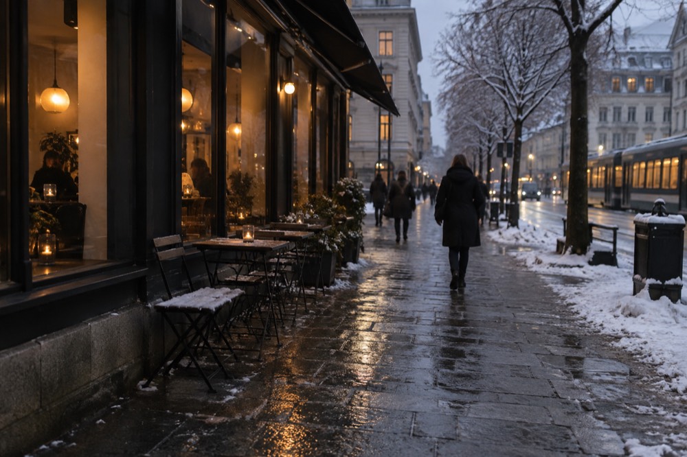 Warm lit windows of an Oslo cafe reflected on snowy pavement at night