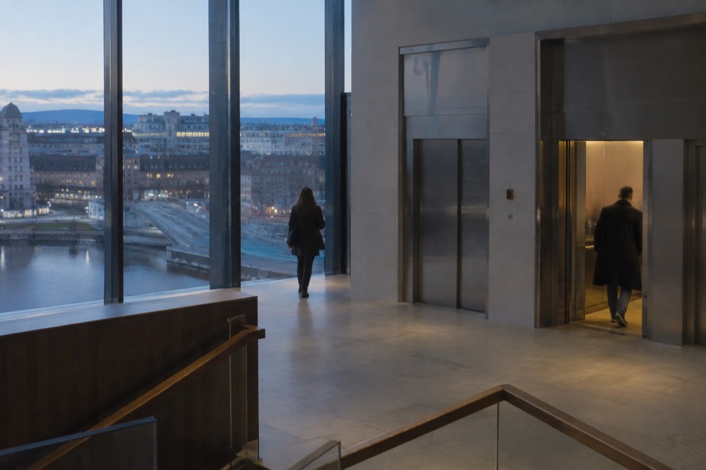 Spacious lift lobby inside a modern Oslo museum with wide doorways