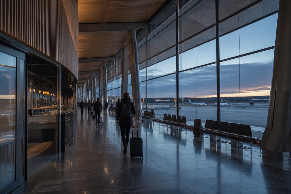 Modern airport terminal interior with departure boards and travelers with luggage
