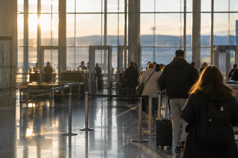 Airport security queue area with orderly lanes and overhead signage