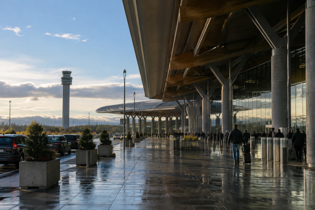 Oslo Airport Gardermoen terminal building exterior under a wide Nordic sky