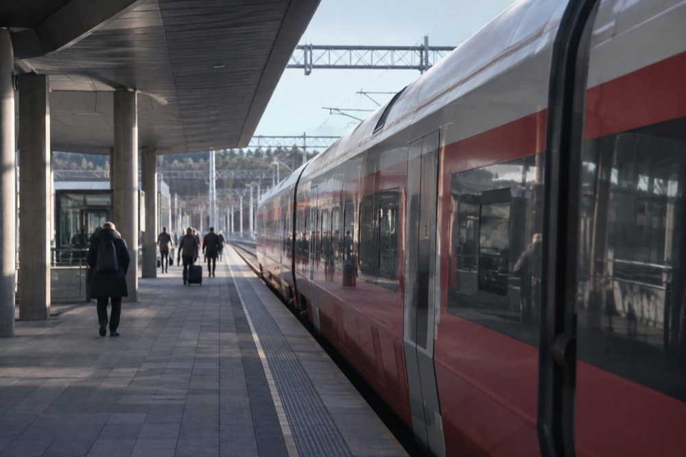 Train platform at Oslo Airport with a red and white express train at the platform edge