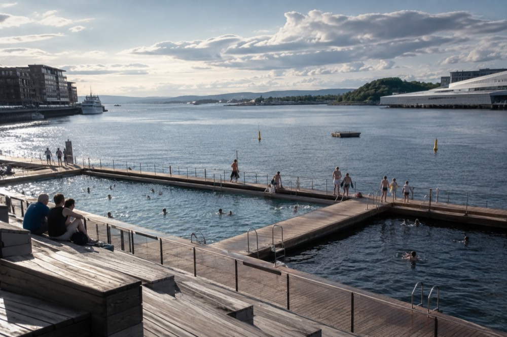 Swimmers at a seawater pool complex on the Oslo waterfront
