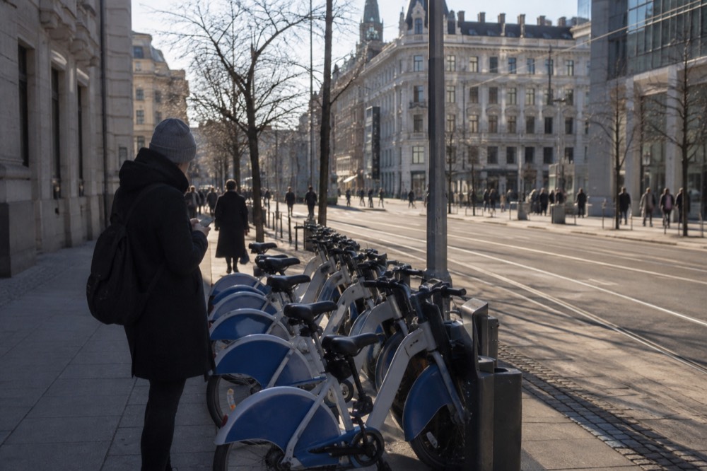 A person holding a phone beside a row of shared bicycles at a docking station