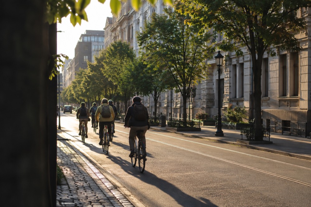 A small group of cyclists following a guide along a tree-lined city street