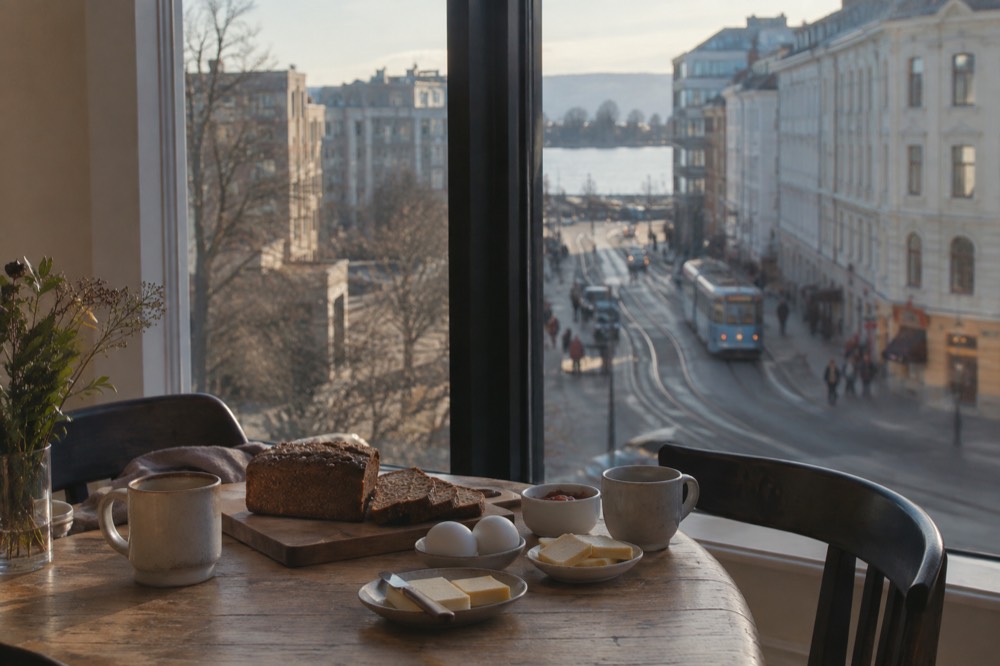 A Norwegian breakfast spread with brown bread, cheese, boiled eggs and coffee cups
