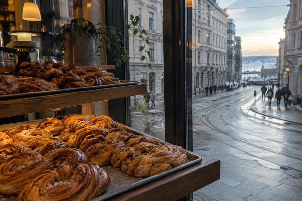 Bakery shelves with trays of cinnamon buns and cardamom knots