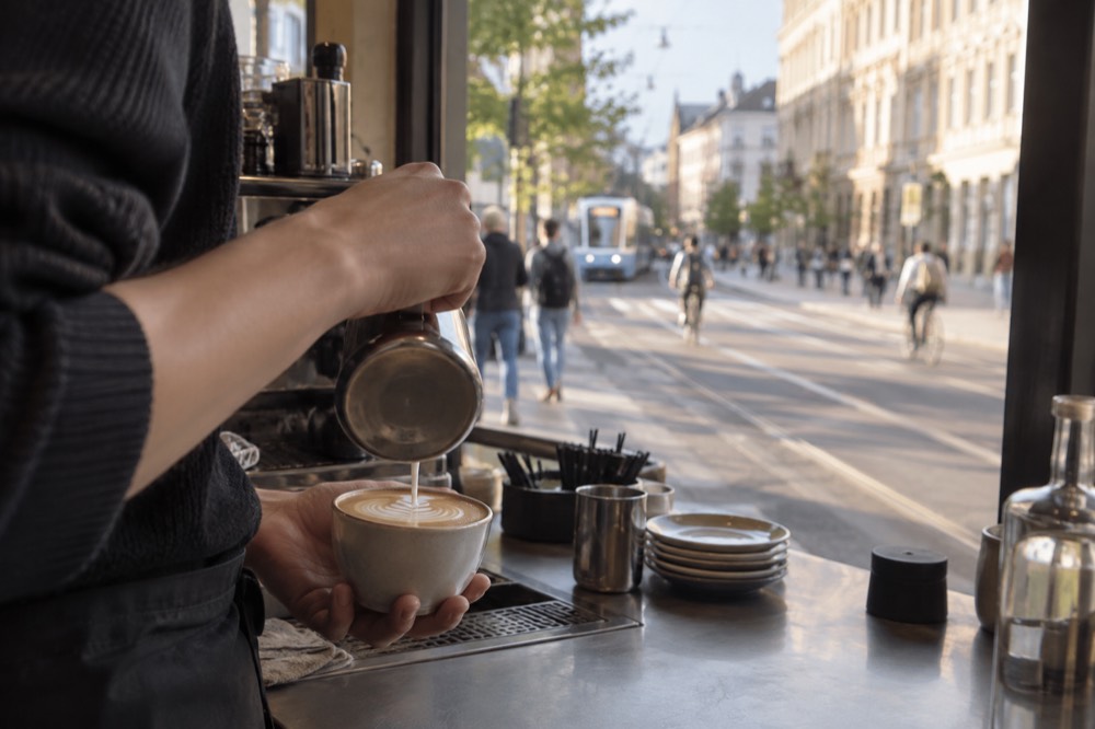 A flat white being poured at a small Oslo coffee bar counter
