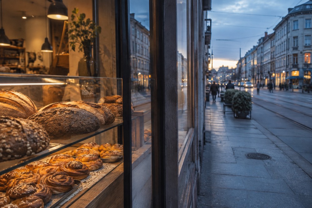 A bakery counter with seeded sourdough loaves and cardamom pastries under glass
