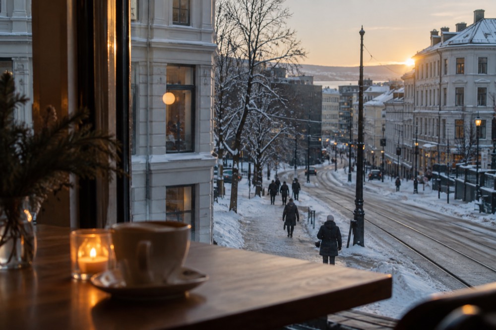 A café window in winter with warm lights and snow outside