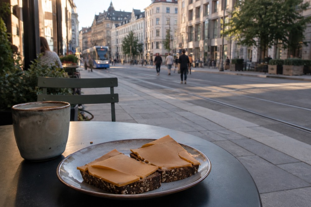 Thin slices of brown cheese on dark seeded bread on a plate