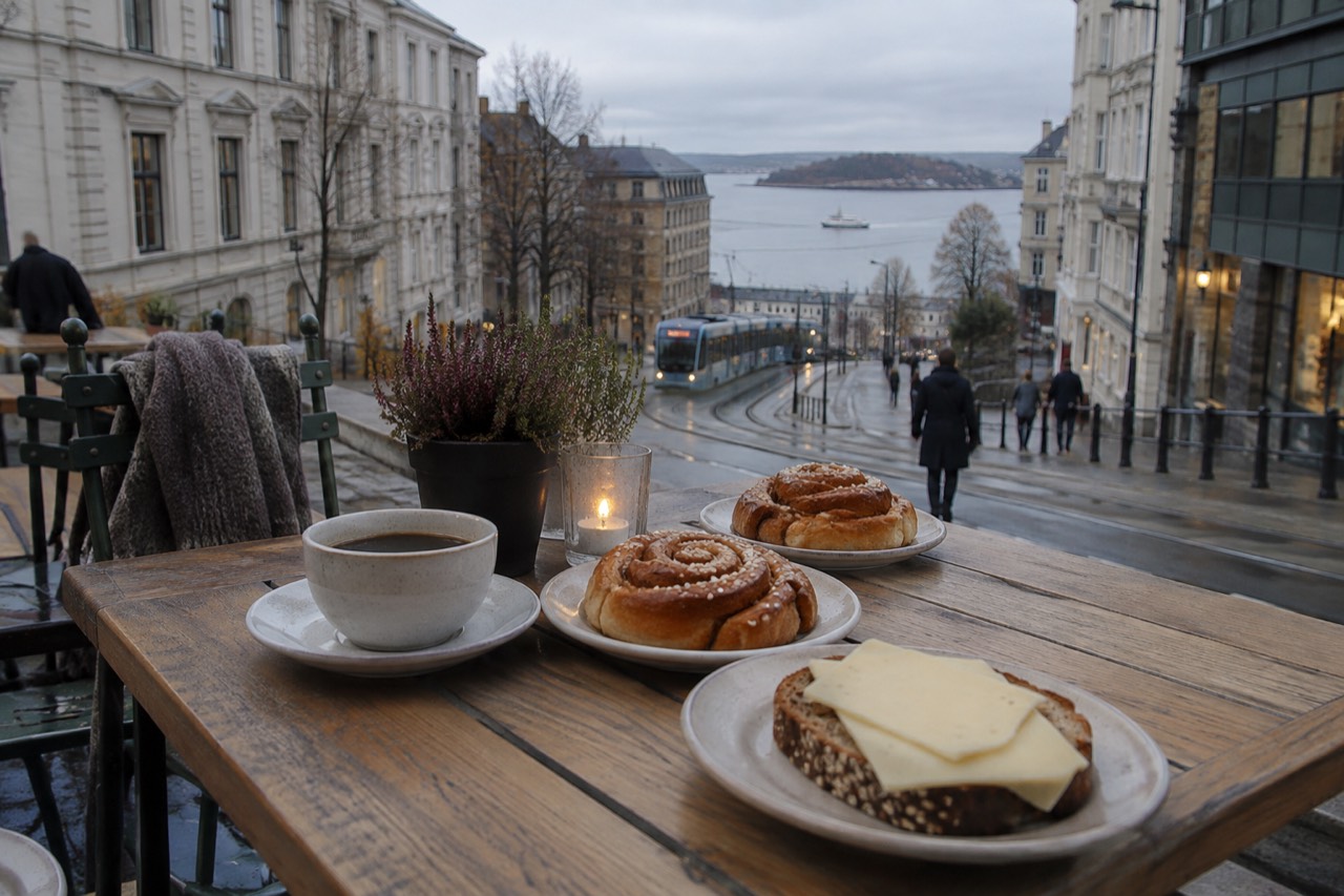 A wooden café table in Oslo set with coffee, cinnamon buns and bread with cheese