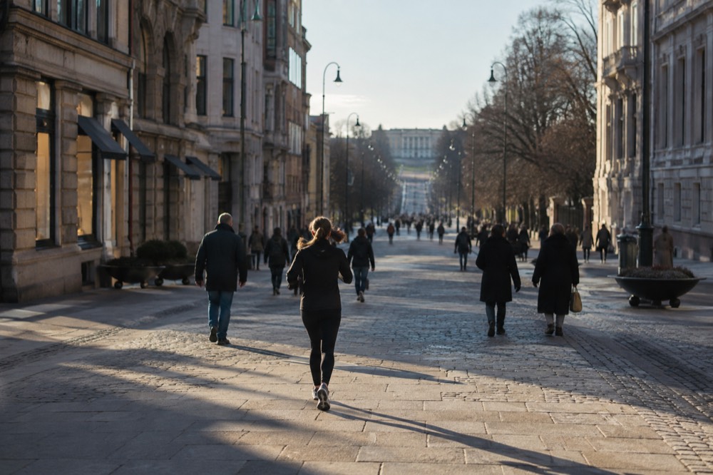Karl Johans gate leading away from the station toward the Royal Palace on a bright day