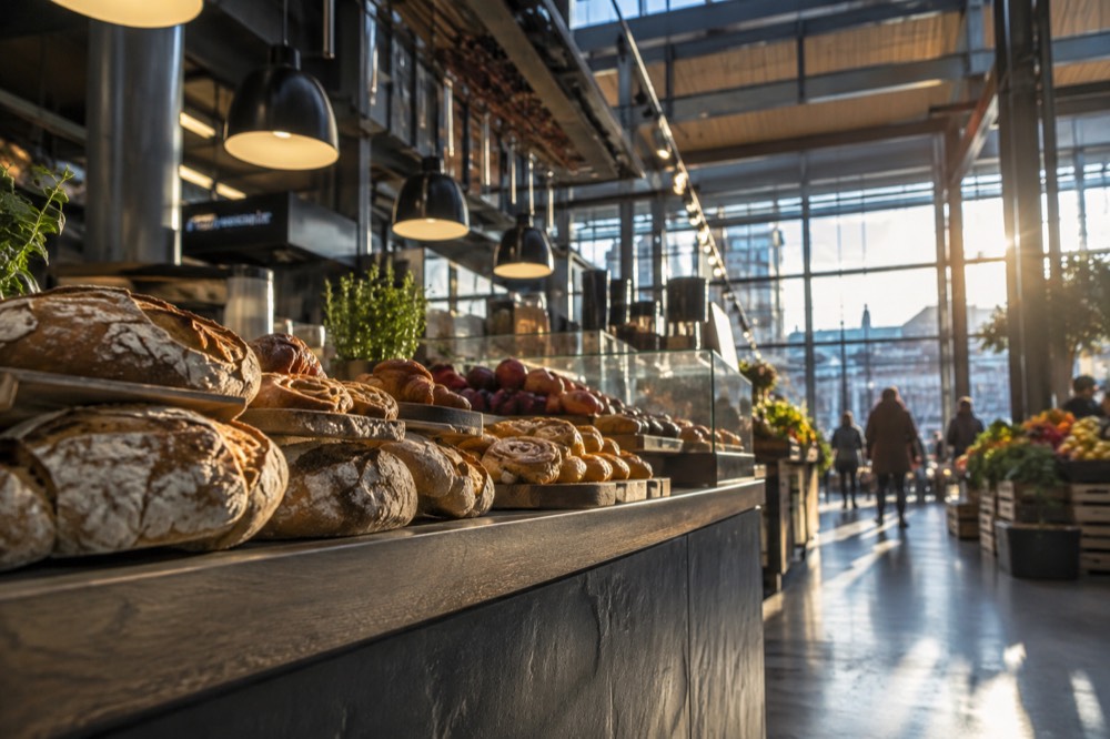 A bright food hall counter inside Oslo Central Station with breads and coffee on display