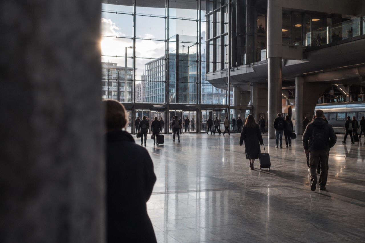The main hall of Oslo Central Station with departure boards and travelers moving between platforms