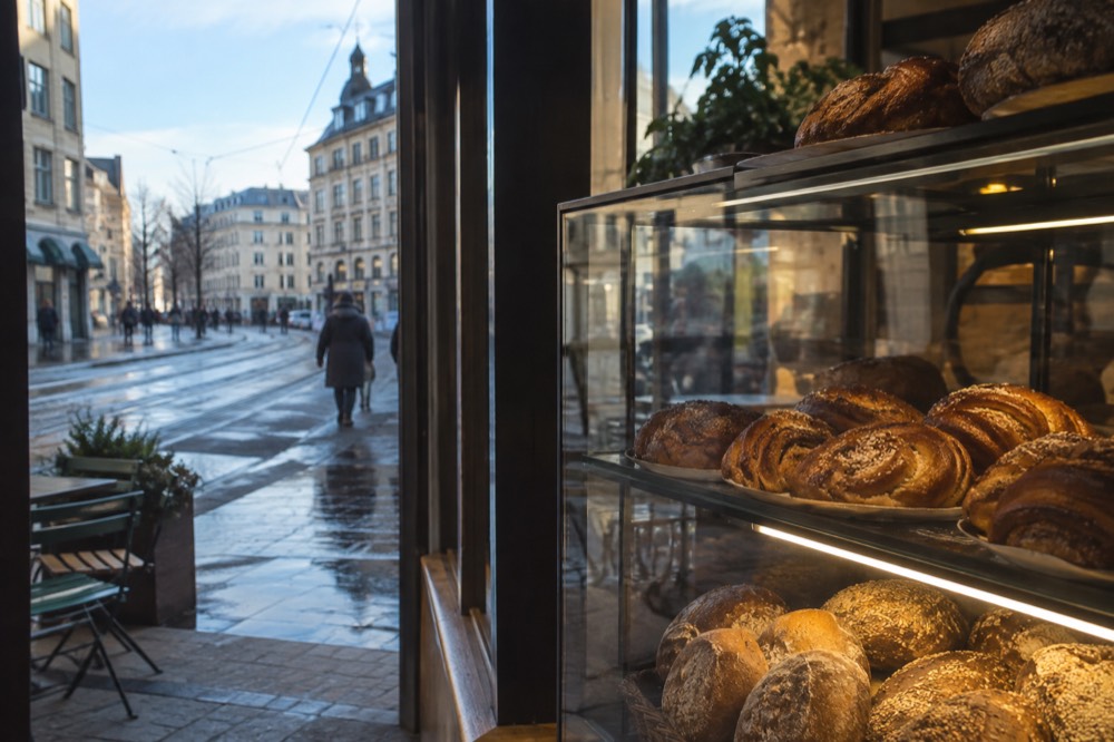 A bakery display case with cinnamon buns and bread rolls under warm lights
