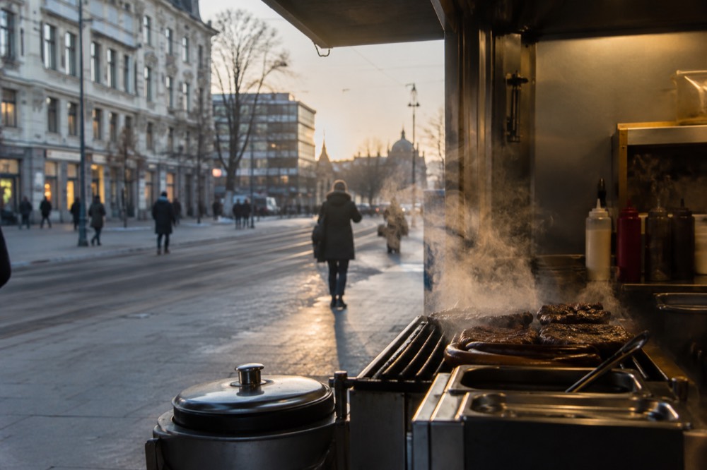 A food stall window with steam rising from a grill at dusk