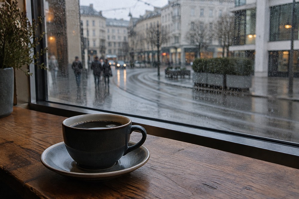 A cup of black coffee on a wooden counter beside a window with rain outside