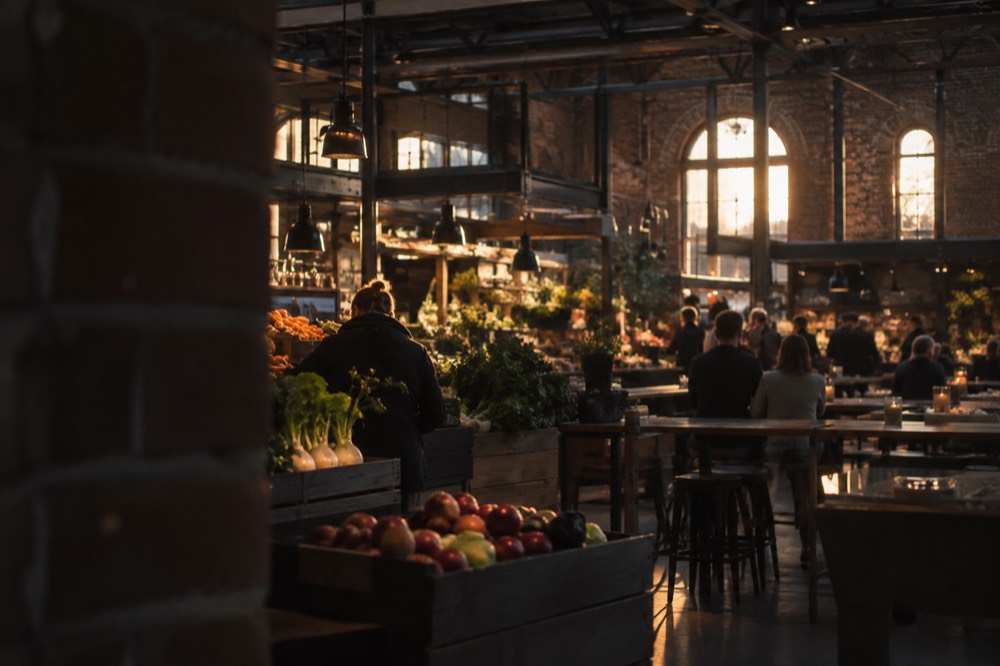 A food hall interior with long shared tables and stalls along the walls