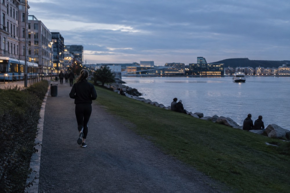 A grassy waterfront slope with people sitting on the rocks looking over calm fjord water