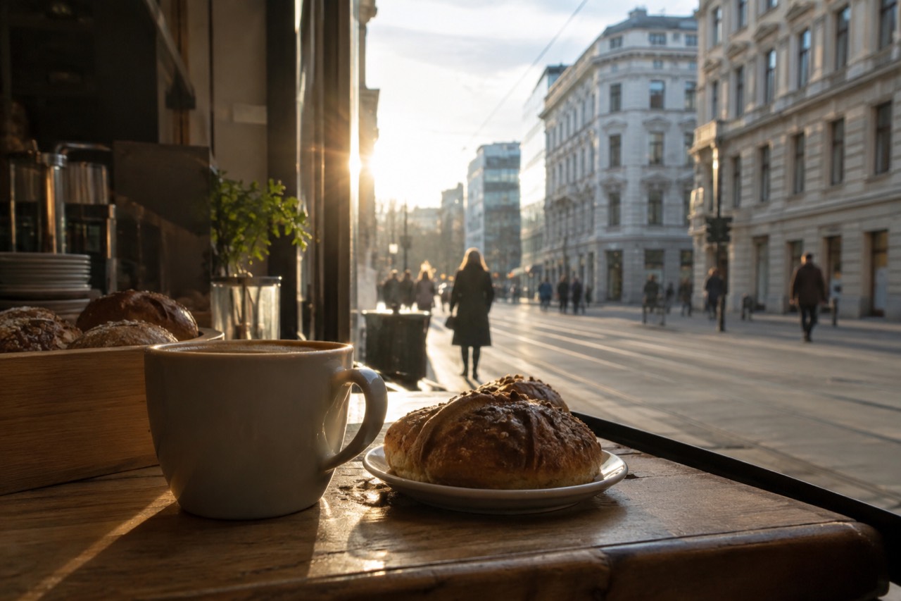A modest Oslo food counter with bread rolls and coffee on a wooden counter beside a window