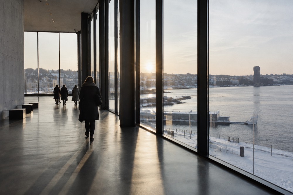 Modern museum interior with tall windows overlooking a dark winter harbor