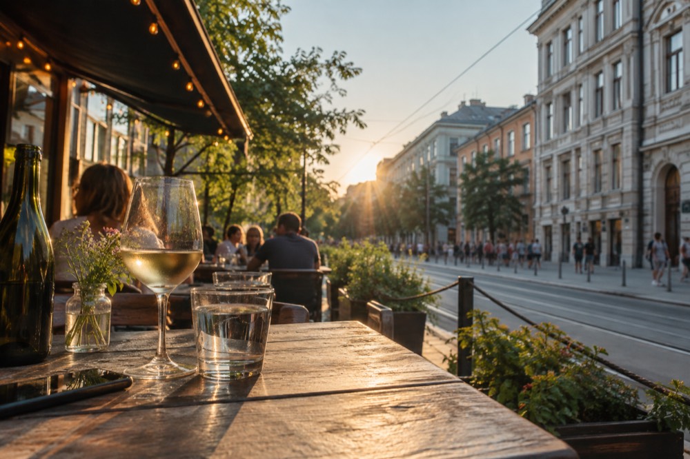 Terrace seating with string lights in bright late-evening summer light