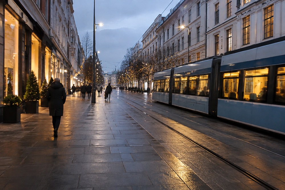Well-lit pedestrian street with a tram passing at night